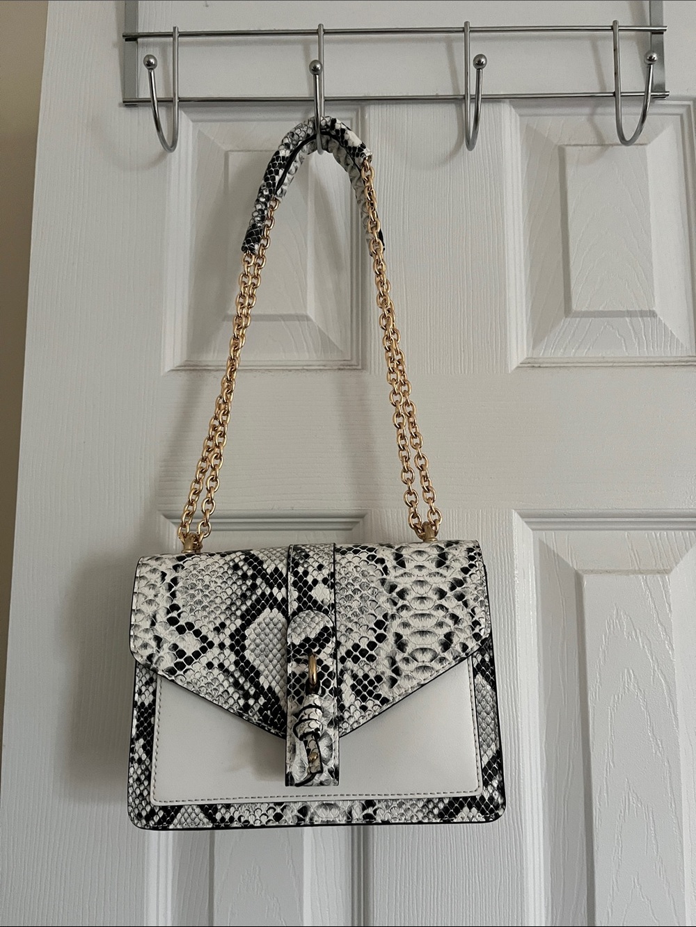 Aldo Black & White Snake-Print Chain Shoulder Bag